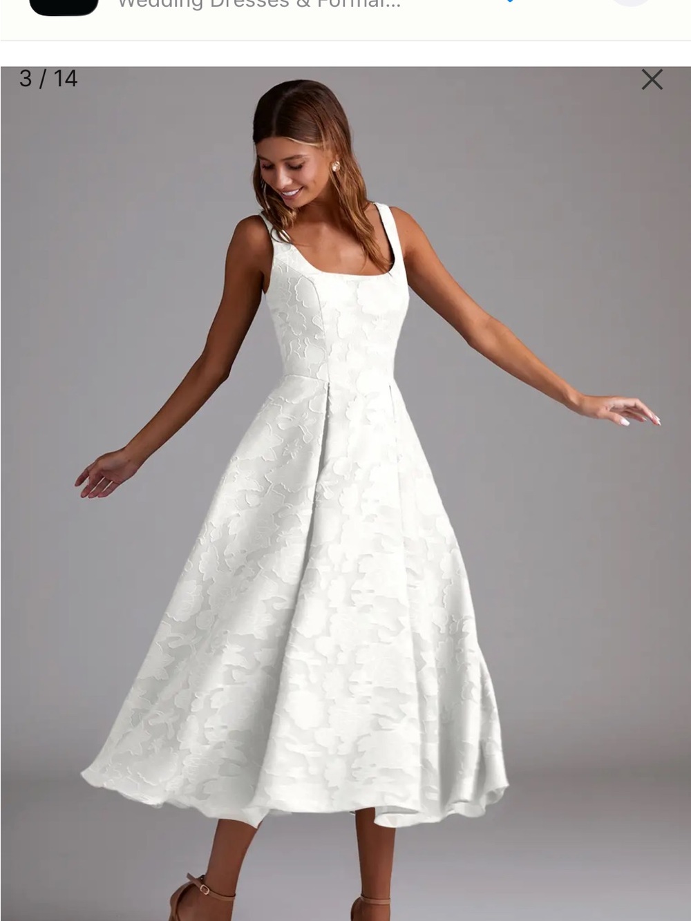 Azazie White Floral Jacquard Midi Dress - Square Neck Sleeveless